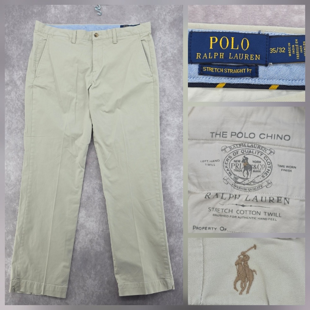 Polo Ralph Lauren Mens Chino Pants 35x32 Beige Stretch Straight Fit Fits (37x31)